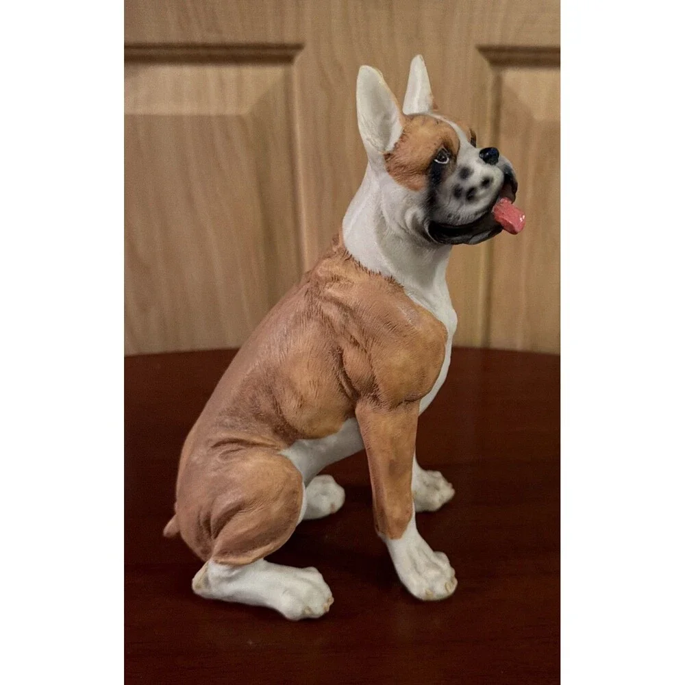 Sitting Fawn Boxer with Tongue Out Dog Pet Home Decoration Resin Figurine  8.25”
